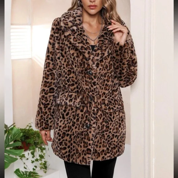 Luxe Faux Vegan Fur Leopard Print Oversized Coat Jacket - Picture 3 of 8
